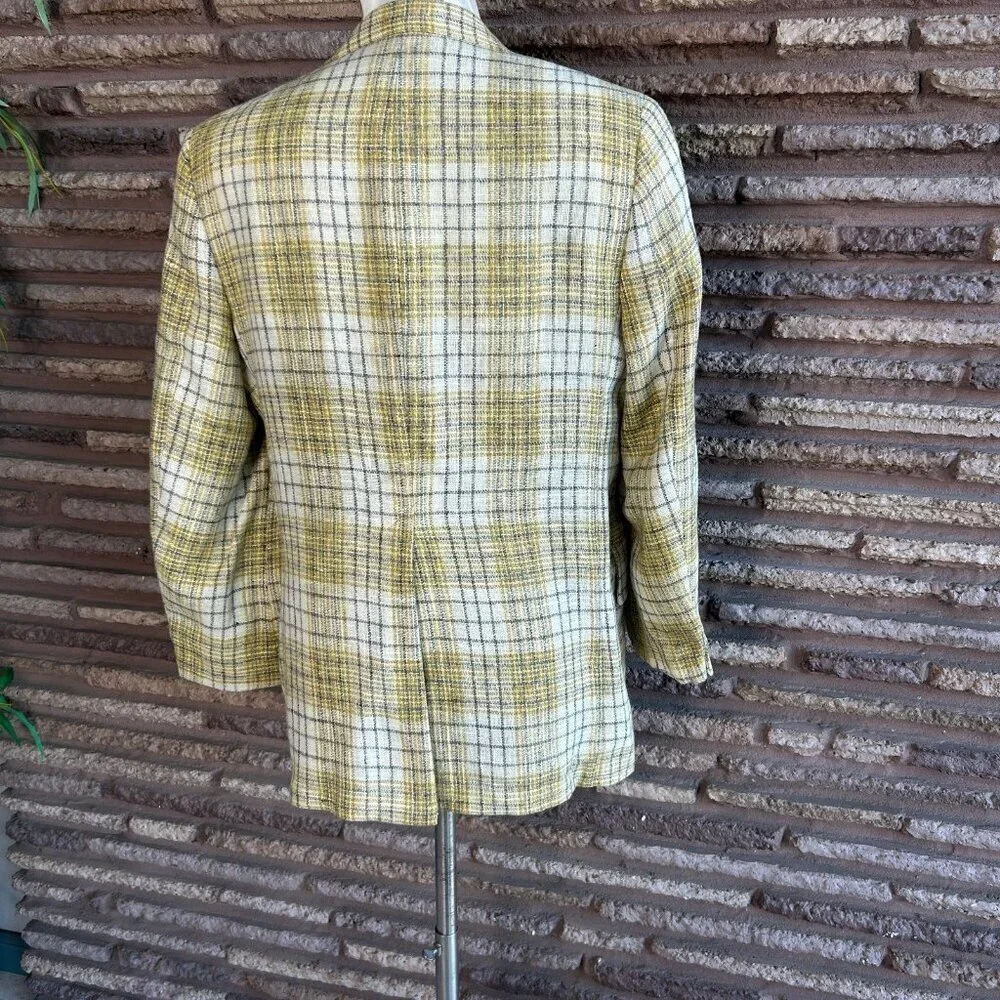 Trojan Deluxe Vintage 80s Men’s Ivory Gold Plaid Sport Coat Blazer Size 38-40R